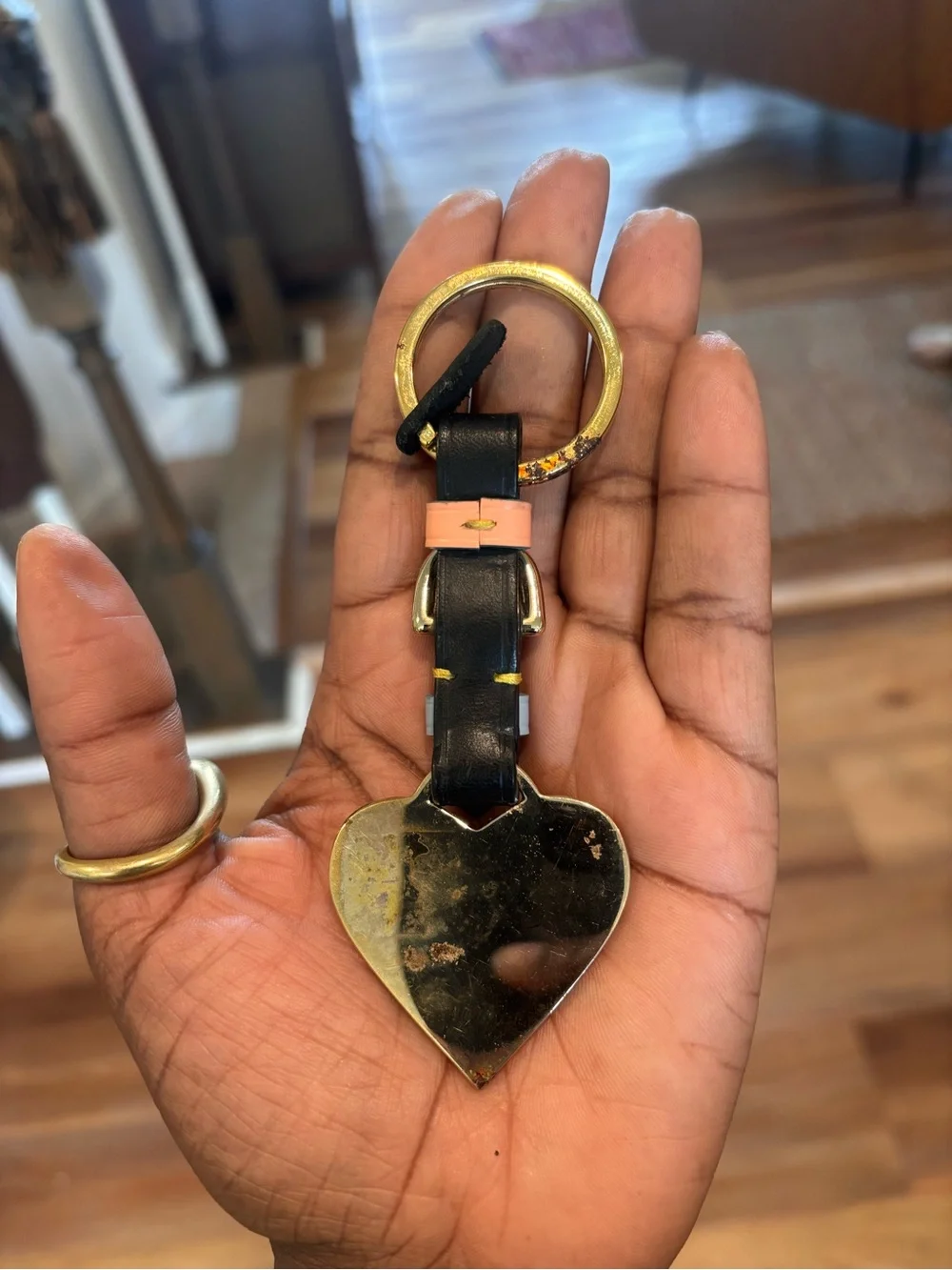 Vintage Dooney & Bourke Peach Heart Key Fob with Gold Trim and Black Strap